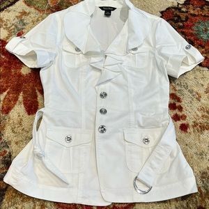 White House Black Market, button down top, w/belt detailed collar/front opening